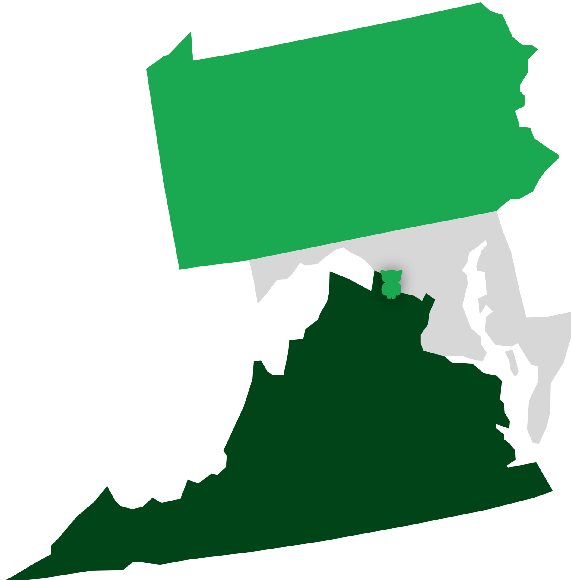 Map of VA, MD, and PA showing the LoCoBanners owl located in Northern Virginia