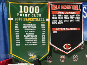 One yellow, green, and white 1000 point banner and one red, black, and white championship banner