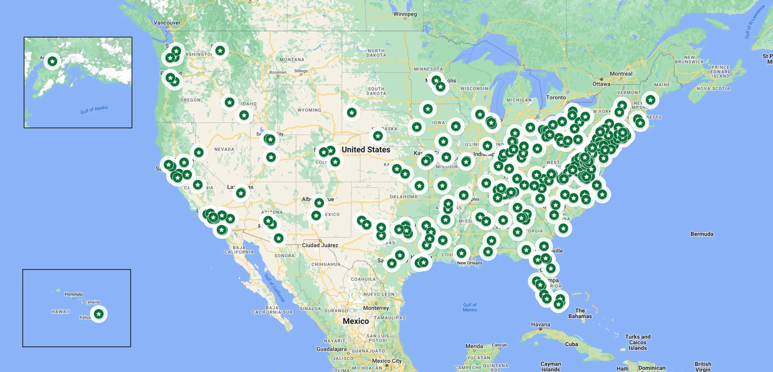 US map showing pins across the country for customers